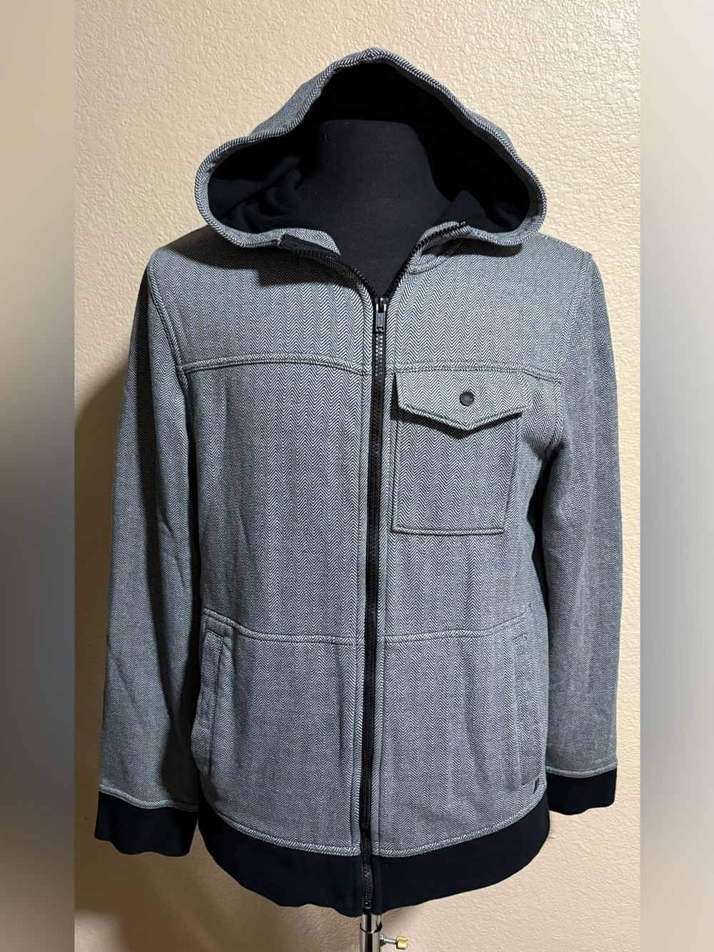 Tony Hawk Herringbone Zip-Up Hoodie Jacket in Light Gray